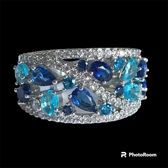Sapphire Cocktail Ring Silver RhodiumPlated Simulated Blue Cubic Zirconia Size 7 - Picture 4 of 13